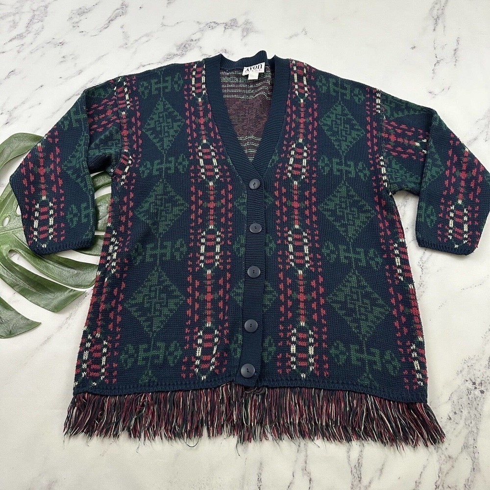 Avon Style Womens Vintage Cardigan Sweater Plus Size 1x Blue Red Blanket Woven